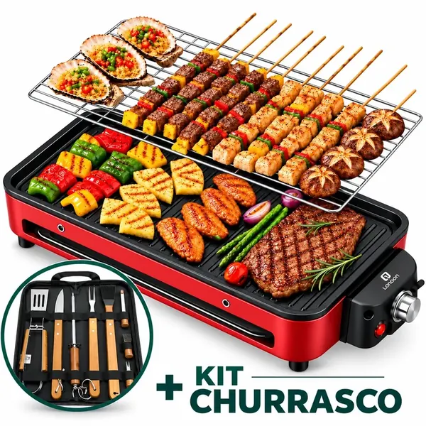 Churrasqueira Elétrica 2 em 1 1500W + Kit Churrasco